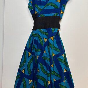 AFRICAN ART PRINT DRESS 100% COTTON Wrap Wear 2 Ways in BLUE GREEN BLACK